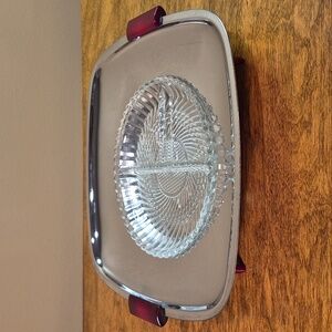 GLO-HILL GOURMATES Vintage MCM Chrome Bakelite Serving Tray Divided Glass Insert